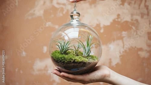 Wallpaper Mural Hand Holding Glass Terrarium with Air Plants and Moss Against Textured Wall Torontodigital.ca