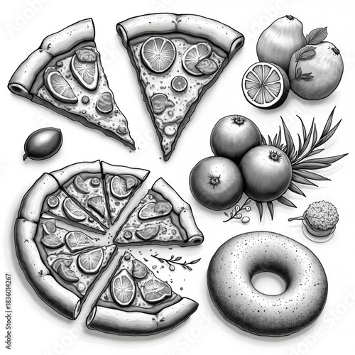 Fototapeta Naklejka Na Ścianę i Meble -  Hand drawn food sketch illustration. Pizza slices with citrus, tomatoes, herbs and bagel. Great for menu design or cookbook. Culinary drawing of delicious cuisine for gastronomy related topics.