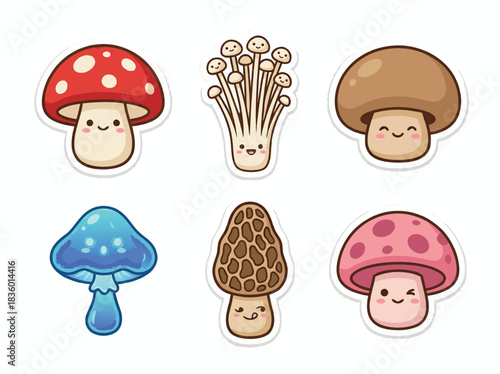 Cute Mushroom Sticker Set with Smiling Faces.