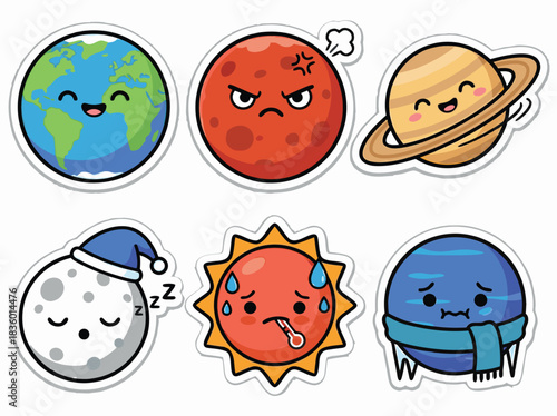 Cute Planets with Emotions in Space.