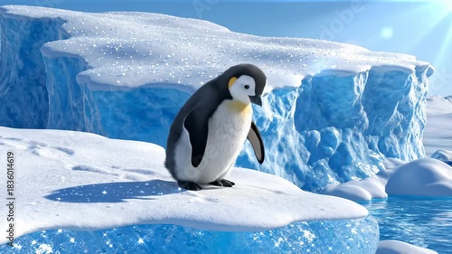Animated Penguin Standing on Iceberg in Antarctica