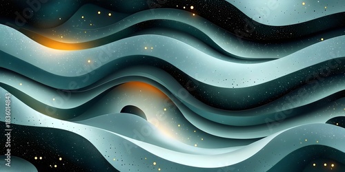 Abstract design featuring flowing waves of teal and dark tones with shimmering stars, creating a cosmic and dreamy atmosphere.