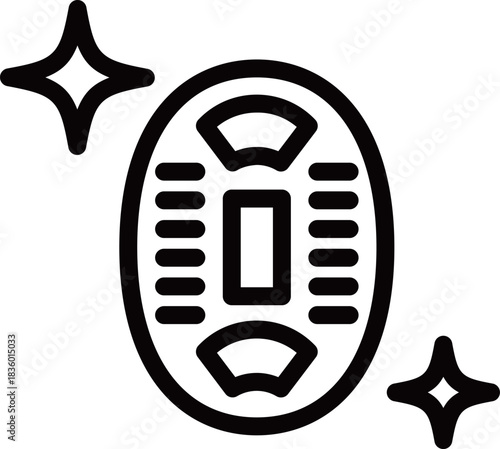 一枚のきらめく小判の黒の線画アイコン