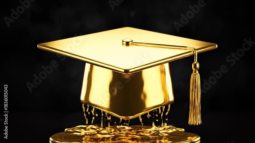 Golden Graduation Cap Filling With Liquid Gold on Black Background