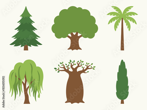 Diverse Tree Collection - Evergreen, Oak, Palm, Willow, Baobab, Cypress.