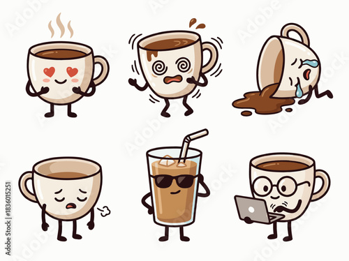 Expressive Coffee Cup Cartoon Character Set.