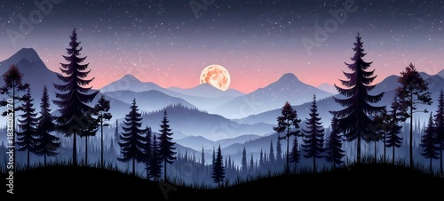 A serene nighttime mountain landscape featuring silhouettes of pine trees against a gradient sky, with a large full moon illuminating the scene and stars twinkling above.