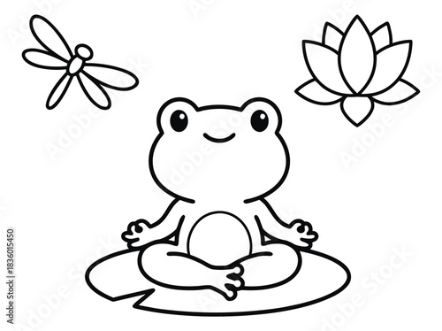 Frog in lotus position with dragonfly and flower.