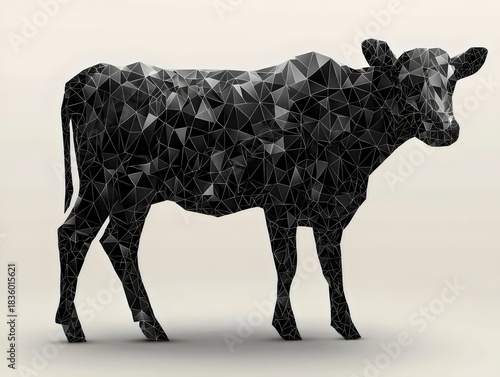 A striking low-poly black cow silhouette stands against a neutral background, showcasing an abstract design that merges artistry with animal form.