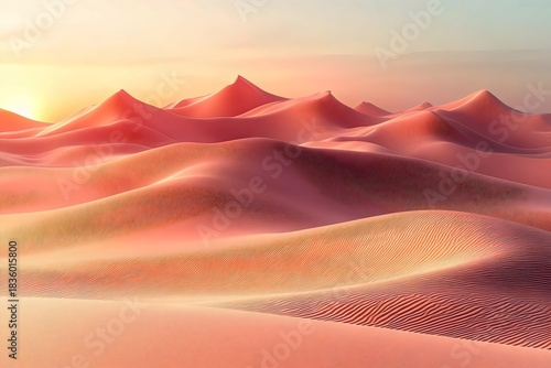 Sandy dunes bathed in soft pink hues at sunrise, creating a serene and tranquil atmosphere, with gentle slopes and intricate patterns in the sand.