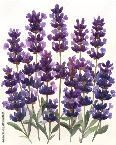 An arrangement of beautiful lavender flowers in varying shades of purple, creating a serene and calming visual with delicate green leaves underneath.