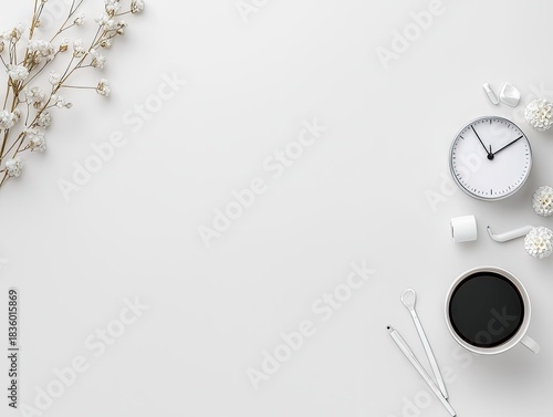 Minimalist Workspace with Coffee, Clock, and Flowers on White