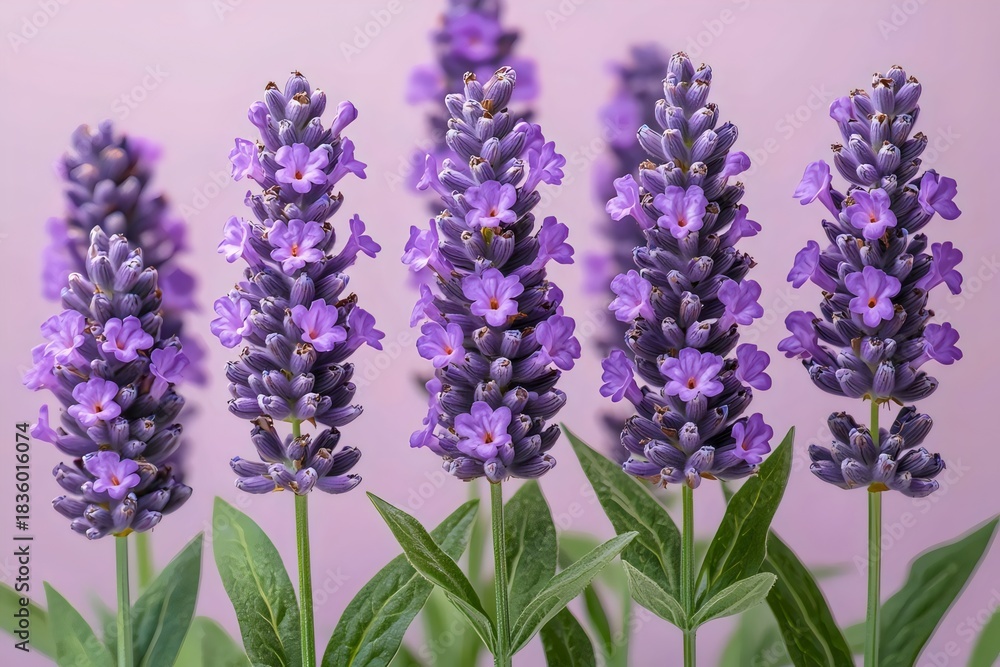 Fototapeta premium Beautiful clusters of lavender flowers bloom vibrantly against a soft pink backdrop, showcasing shades of purple that evoke a sense of calm and tranquility.