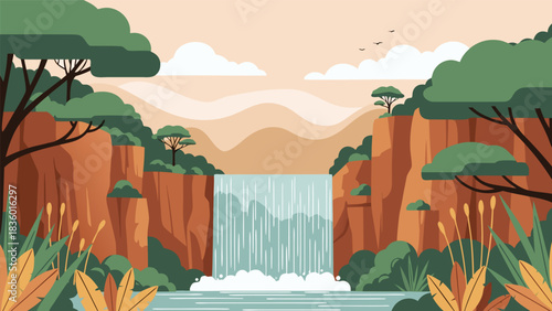 Vibrant illustration of a tropical waterfall cascading down lush cliffs surrounded by exotic foliage and distant mountains under a serene sky