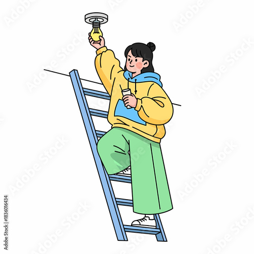 Cheerful Woman on Ladder Expertly Changing Ceiling Light Bulb for Efficient Home Improvement