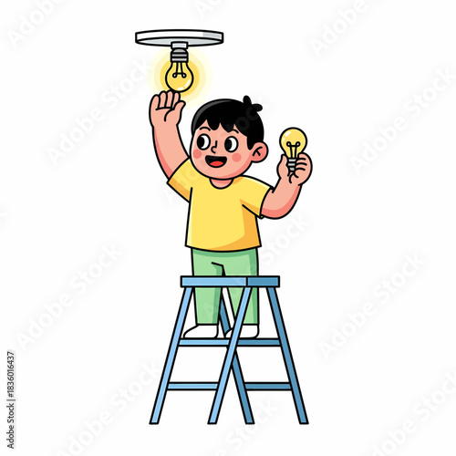 Boy Changing Light Bulb Cartoon A Bright Idea Illustration for Eco-Friendly Concepts