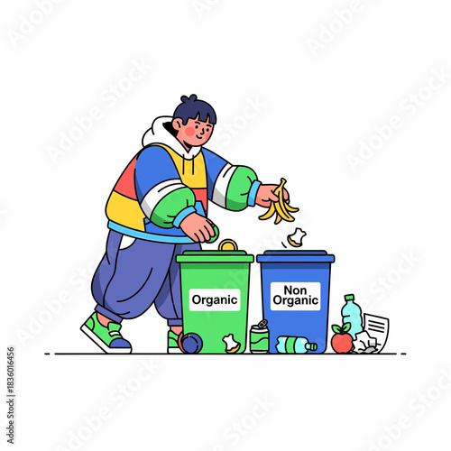 Conscious individual actively sorting organic and non-organic waste for environmental protection