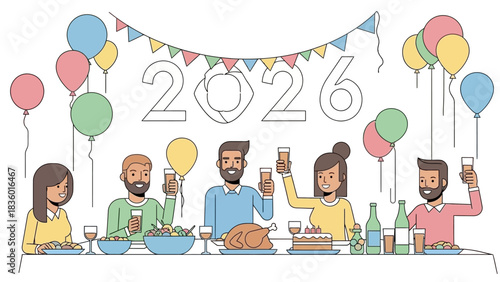 Cheerful friends celebrating 2026 new year with balloons and festive dinner, raising glasses in a toast at a joyful gathering with food and drinks