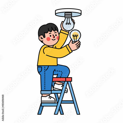 A young man on a step ladder carefully changing a light bulb in a ceiling fixture