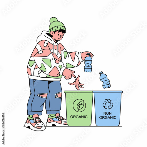Vector illustration of a man sorting organic and non-organic trash into different bins for recycling