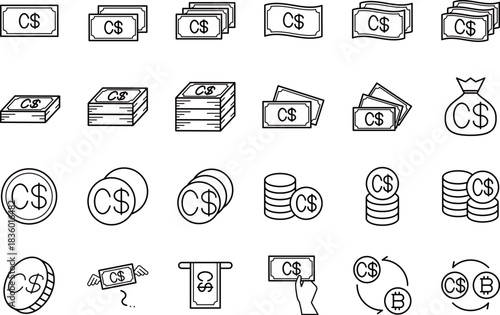 カナダドル通貨のお金の黒の線画アイコンセット