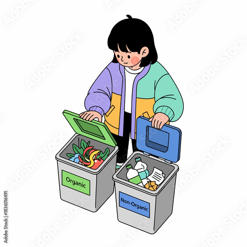 Illustration of a girl sorting waste into organic and non-organic recycling bins