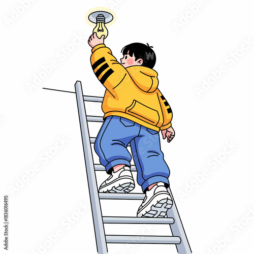 Boy on Ladder Changing Light Bulb Indoors, Home Improvement and DIY Activities