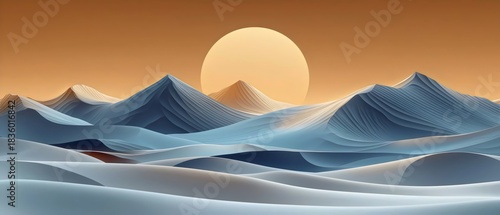 A serene landscape featuring stylized mountains under a warm sunset. The soft gradients of blue and beige create a tranquil atmosphere, evoking a sense of calm and beauty.
