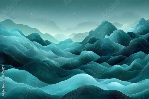 An abstract representation of serene, undulating mountain ranges in calming shades of teal and blue, creating a tranquil and ethereal landscape filled with depth and movement.