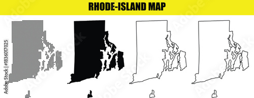 Rhode Island map variations in dotted solid and outlined forms illustration