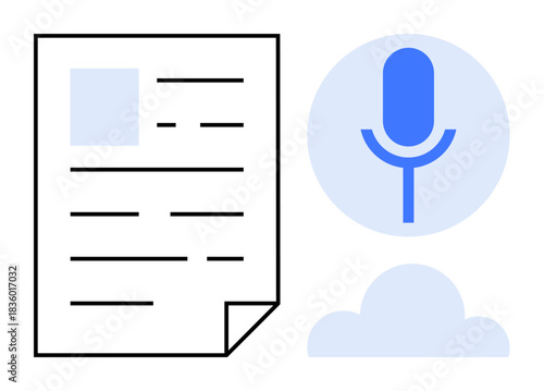 Voice recognition, audio transcription, digital documentation, content creation, speech-to-text, recording tools. Paper document next to a microphone icon. Audio transcription and digital