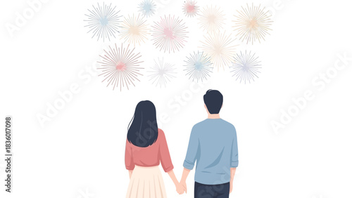 Couple holding hands watching brilliant fireworks celebration in the night sky creates feelings of connection and joy for special events or romantic getaways