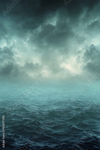 A serene ocean view under a dramatic sky, showcasing a blend of deep blues and greens as waves gently ripple, evoking a sense of calm amid the stormy atmosphere.