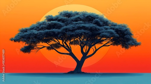 A majestic silhouette of a lone tree against a vibrant gradient sunset, featuring warm hues of orange and blue, creating a serene and tranquil atmosphere.