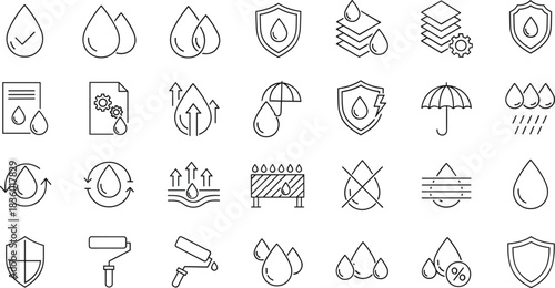 Waterproof, water resistance, moisture protection, droplet shield icons, 