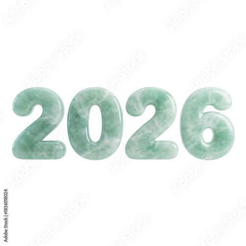 Jade Texture Blue Green color numbers 2026 clipart isolated. New Year, Christmas element. 3d rendering. PNG transparent background 