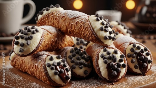 Delicious Cannoli Pastries Stacked on Wooden Board