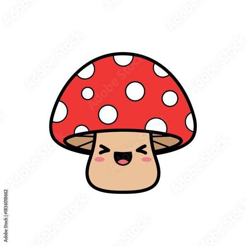 Cute Cartoon Mushroom with a Smiling Face and Polka Dots.