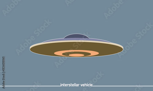 Minimalist vector illustration of a classic flying saucer with glowing underside rings, styled in flat colors on a muted background.