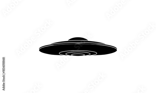 Solid black silhouette of a classic UFO with strong circular contours and a domed cockpit, designed in simple vector style.