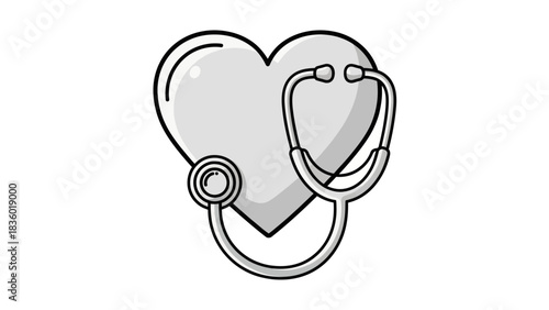 Monochromatic line art illustration depicting a stylized heart intertwined with a classic stethoscope, symbolizing comprehensive cardiac health, medical care, and well-being in a minimalist design