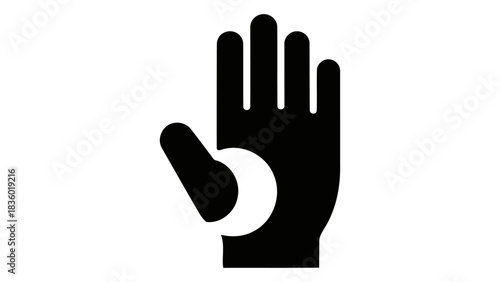Icon of a smart glove with a circular sensor on a plain background, representing wearable technology and innovation.