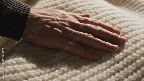 Hand Touching a Beige Knitted Wool Blanket