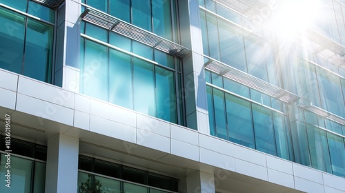 Modern building exterior featuring sleek glass panels metal structural elements illuminated by natural light, emphasizing architecture, urban design, clean lines and contemporary construction concepts