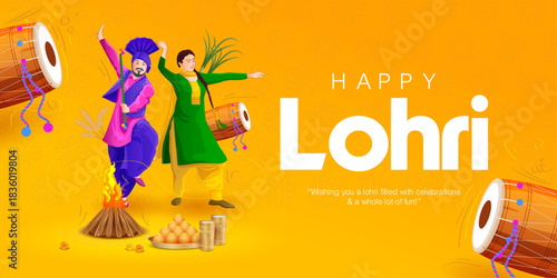 A modern, bright and minimal Lohri celebration vector illustration featuring a dancing Punjabi man and woman surrounded by dhol, bonfire, sweets and wheat elements. Clean yellow background.