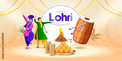 A soft and elegant Lohri festival illustration featuring Punjabi dancers, a large dhol, bonfire, ladoos and decorative mandala patterns in the background. Refined vector design.