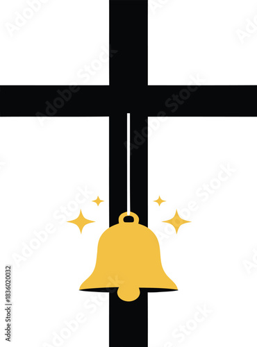 Black Christian cross with golden bell and stars on white background christianity yellow
