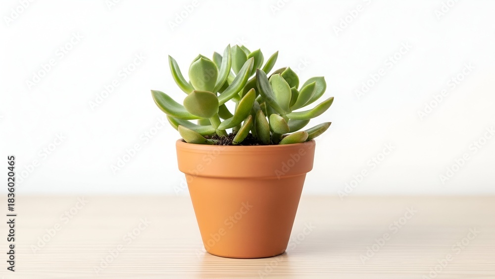 Fototapeta premium A vibrant green succulent plant in a terracotta pot sits atop a light-colored wooden surface