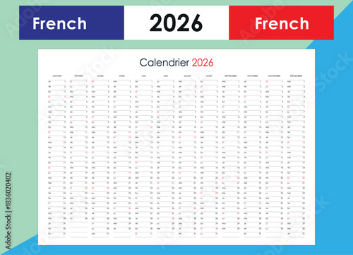Year 2026 Planner in French Language. Annual Schedule Organizer.
