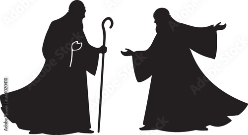 Two Silhouetted Figures, One with Staff, in Conversation on White Background talking